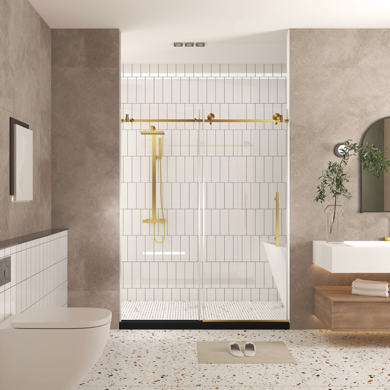 Shower Door 56 - 60"w X 76"h, 1/4"(6 Mm) Clear Tempered Glass, Brushed Gold Finish, American Design For Bathroom, Stainless Steel Handle, Proof Film, Large Wheels And Round Tracks, Fashionable Easy