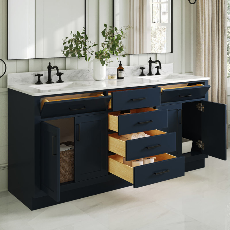 Jameal 72'' Solid Wood Double Bathroom Vanity with 0.75'' Carrara Marble Top, Midnight Blue, Rectangular