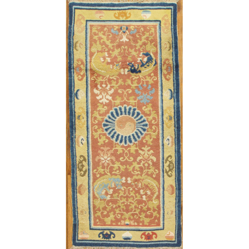 Tapis oriental orange / jaune en laine noué à la main Art déco, Tapis de couloir 2 pi 6 po x 5 pi 10 po