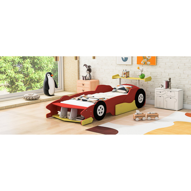Lit plateforme simple pour voiture de course rouge avec roulettes, contreplaqué de haute qualité et rails latéraux pour plus de sécurité, expérience de sommeil confortable, taille 98,7 po x 41,7 po 26,5 po, assemblage nécessaire