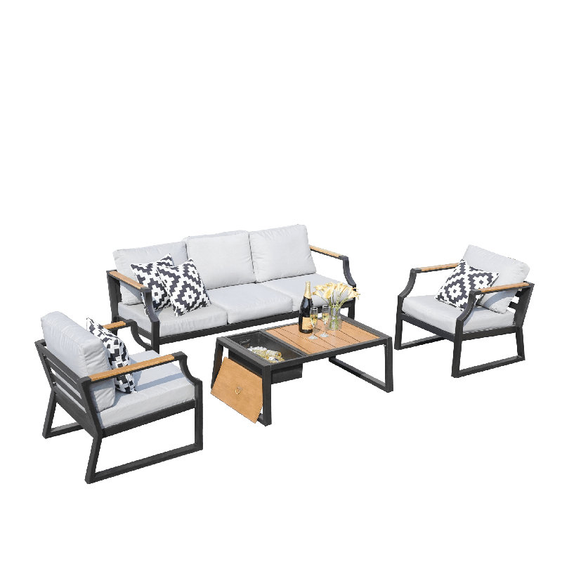 4-Piece Patio Conversation Set With 3-Seater Sofa, 2 Single Sofas, Coffee Table With Ice Bucket In Black