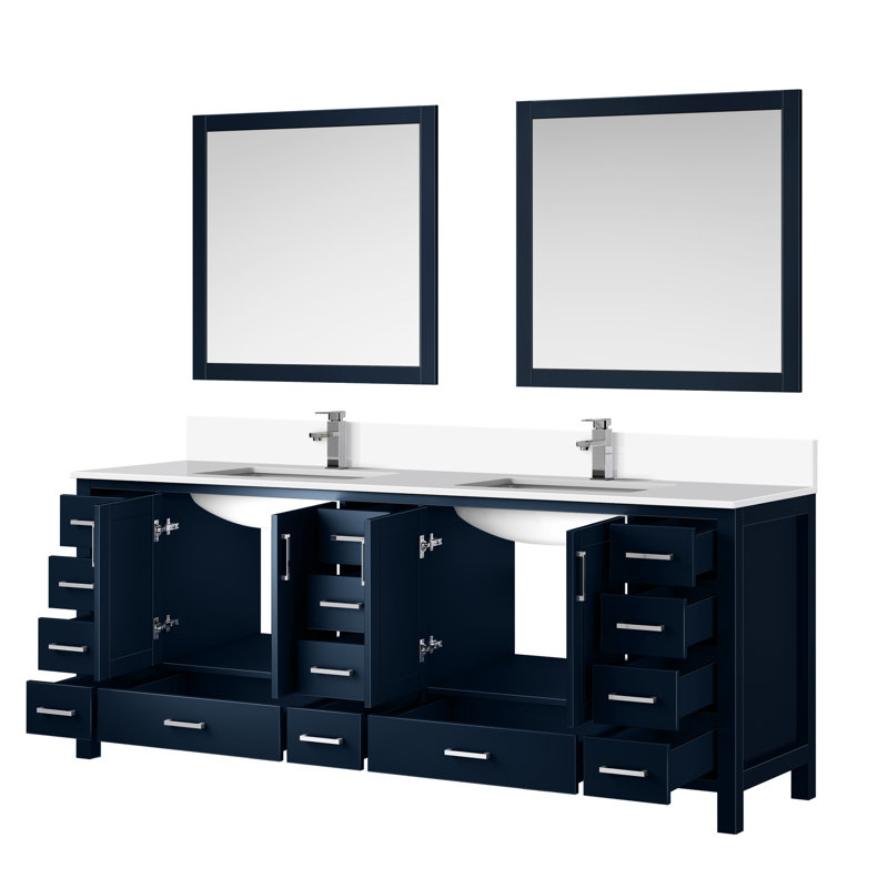 Meuble-lavabo double 84 po x 22 po bleu marine, comptoir et robinet en marbre de culture, miroir 34 po, teinture pour la salle de bain et fabuleux