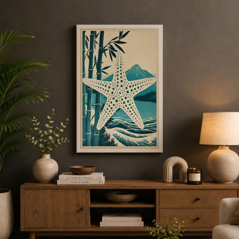Starfish and Wave Japandi - Wrapped Canvas, 18x12 - 45.7 x 30.5 cm, Teal Border