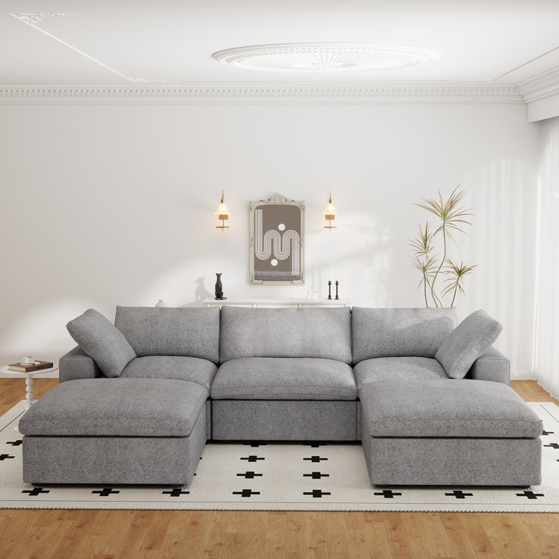 Canapé modulaire rembourré en lin avec repose-pieds 5 pièces Kenda, Lin gris