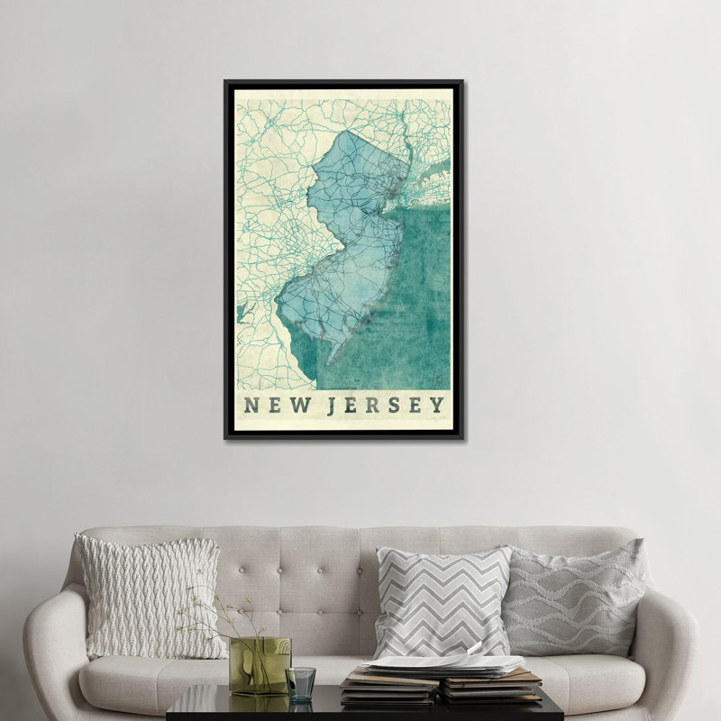 Carte du New Jersey par Hubert Roguski - reproduction sur toile tendue sur châssis, H 26 po x l 18 po x P 1,5 po
