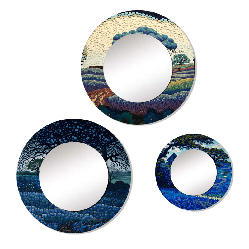 Eleisha - Ensemble de 3 miroirs ronds sur décor floral en métal brillant