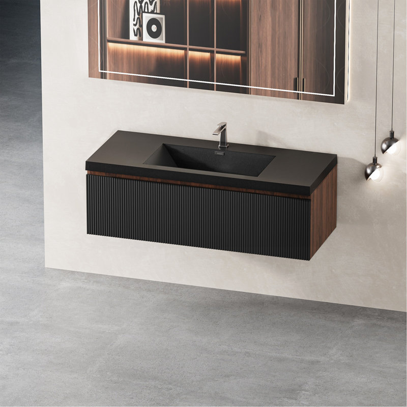 Meuble-lavabo flottant 48 po avec lavabo, meuble-lavabo mural rayé avec tiroirs à fermeture en douceur et cuve à sable en quartz noir entièrement assemblé, noyer fumé