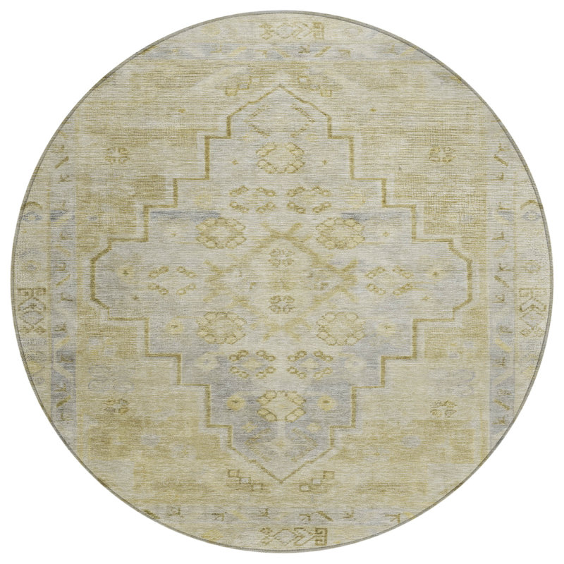 Machine Washable Indoor/Outdoor Xhevrie Gold Rug, Round 8'