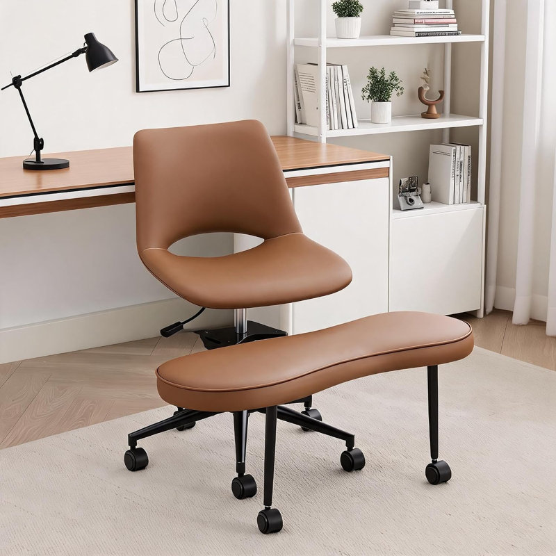 Chaise de bureau ergonomique à pieds croisés avec siège large à genoux, soutien lombaire et roues réglables, Brun