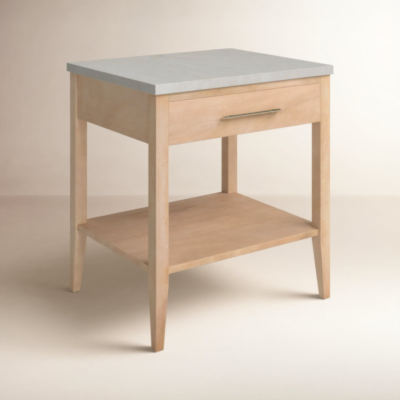 Mayfair 1 Drawer Wood and Marble Nightstand, Natural/Ivory