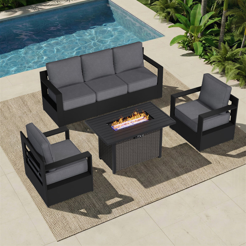 Ensemble de conversation d'extérieur 5 pièces en aluminium et fer avec coussins moelleux et table de foyer convertible, Gris