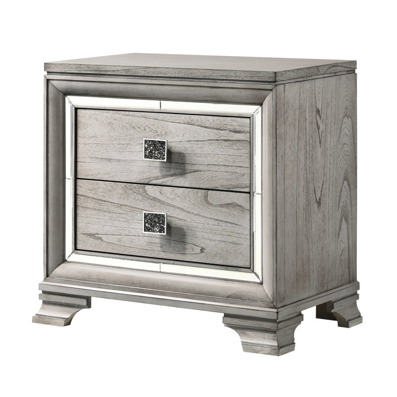 Table de chevet grise à accents en miroir avec 2 tiroirs en bois massif pour la chambre à coucher