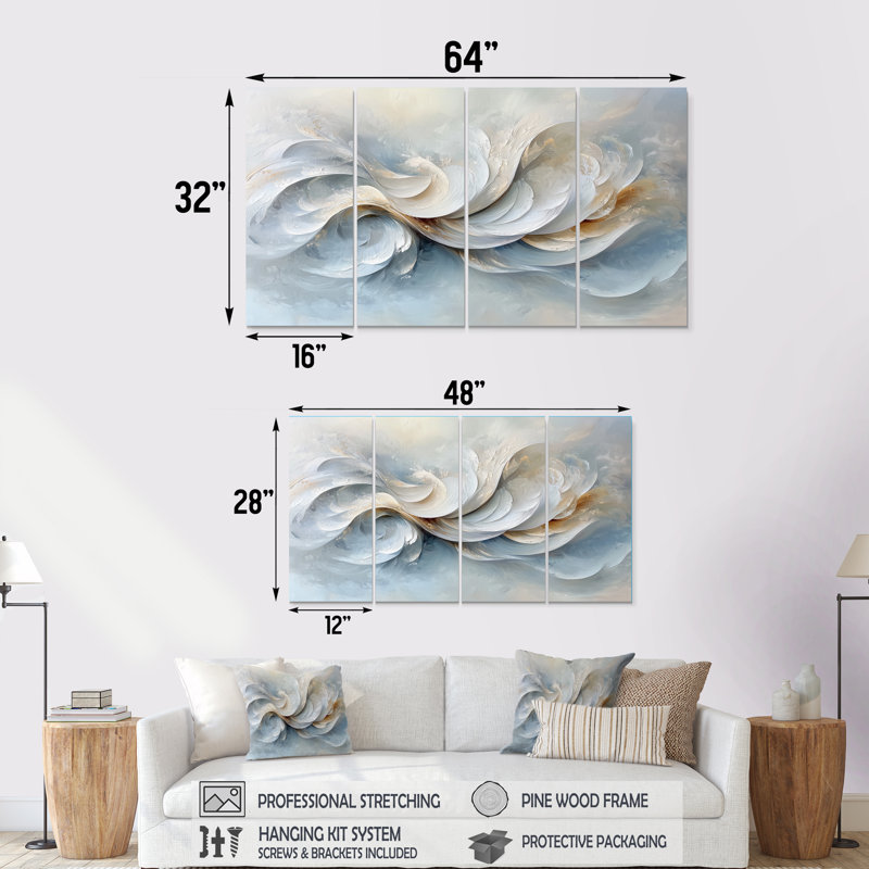 Vagues grises et blanches d'Introsection IV - Blanc - Art mural moderne pour le salon, 4, H 28 po x l 48 po
