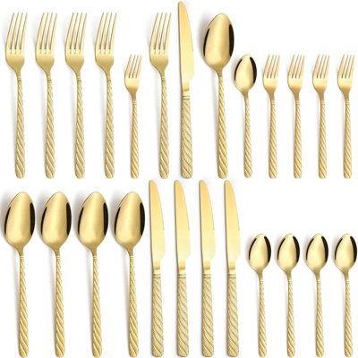 20-Piece Stainless Steel Flatware Set, Mirror Polished Silverware For 4, Retro Pattern Handles