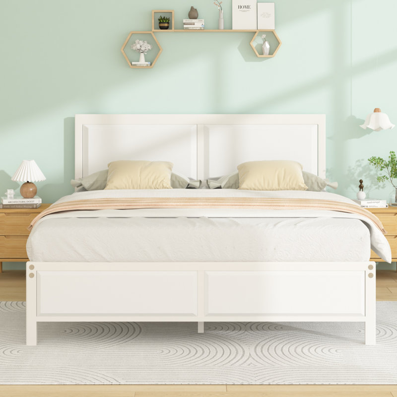 Structure de lit Kempst en métal blanc avec tête et pied de lit en bois, lit plateforme rustique avec support à lattes en acier robuste
