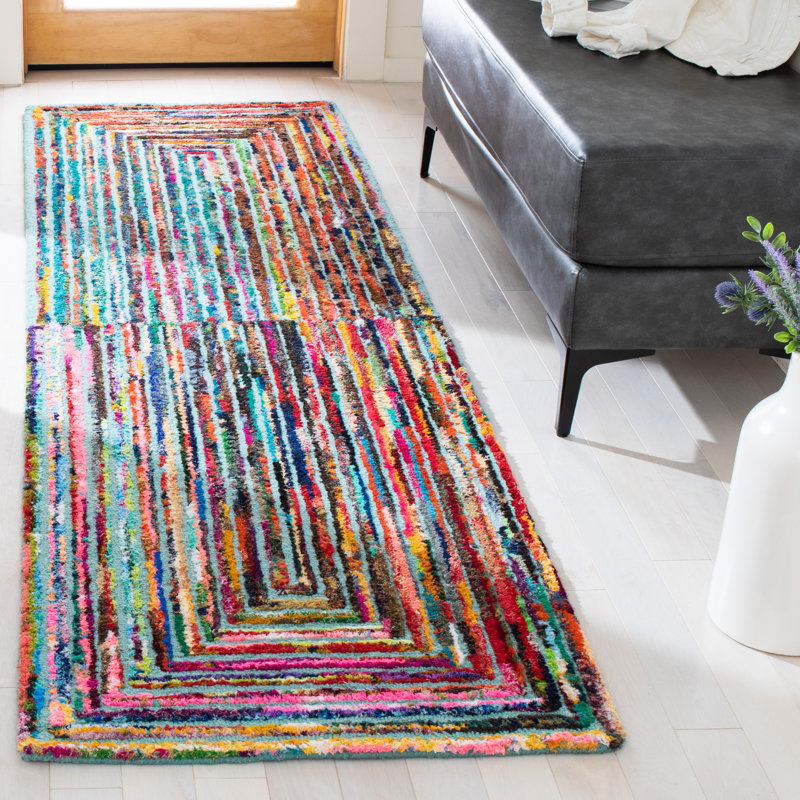 Tapis vert / bleu sarcelle en laine / coton touffeté à la main à motif géométrique Nantucket