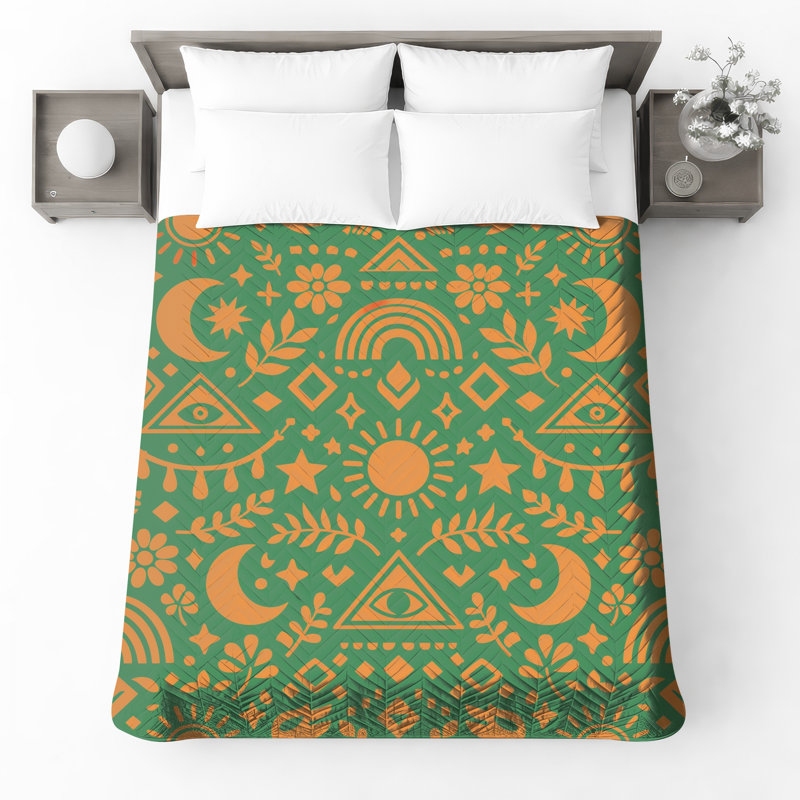 Green Orange Boho Pattern Quilted Bedspread All Sizes, King