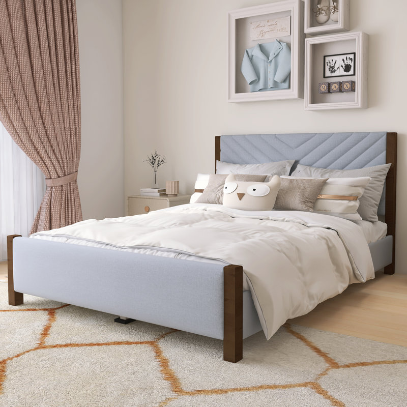 Base de lit tapissier moderne avec tête de lit capitonnée et pieds en bois massif de style moderne Mid-Century, Gris