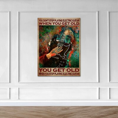 Colorful Hand Playing Guitar - You DonÃ¢??T Stop Playing Electric Guitar Gallery Wrapped Canvas - Music Illustration Decor, Blue, Red And Brown Living -  Trinx, 159DECB43146452DB7403CD455819B95