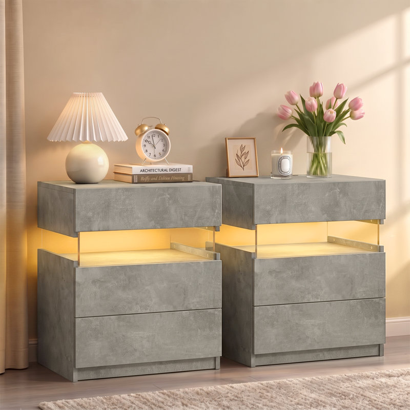 LED Bedside Table Set of 2 with Drawers, Grey