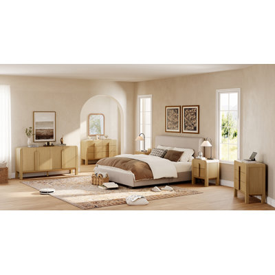 Mid-Century Modern Dresser And Nightstand Sets For Bedroom，5 Pcs  Bedroom Set With Curved Profile Design,  Night Stand Set Of 2,Wooden Storage Cabinet Set