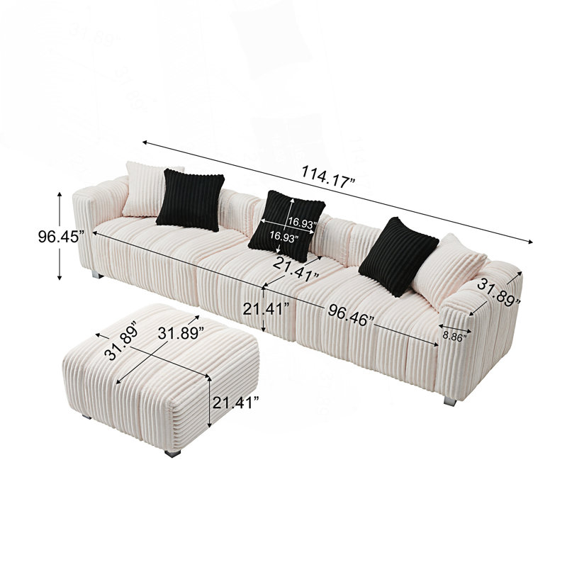 Canapé 3 places avec repose-pieds, Velours côtelé blanc lait