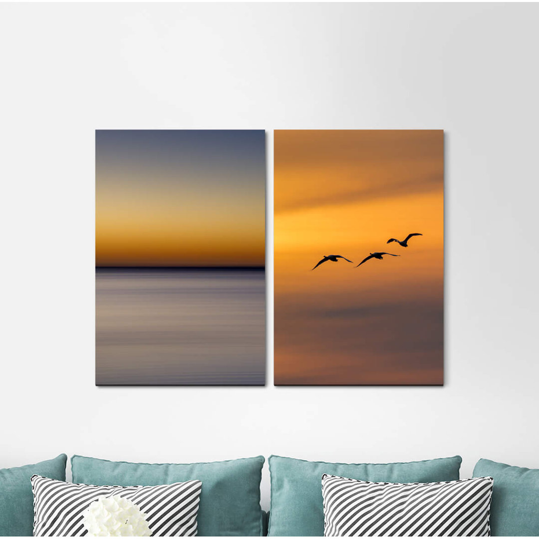 2-tlg. Leinwandbilder-Set - Grafikdruck „Horizon Silence Birds Vastness Freedom Calming Relaxing”