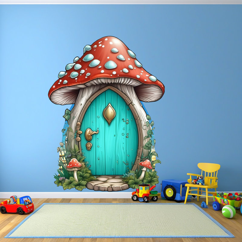 Adhésif décoratif fée turquoise champignon maison - porte de fée enchanteresse, H 25 po x l 22 po