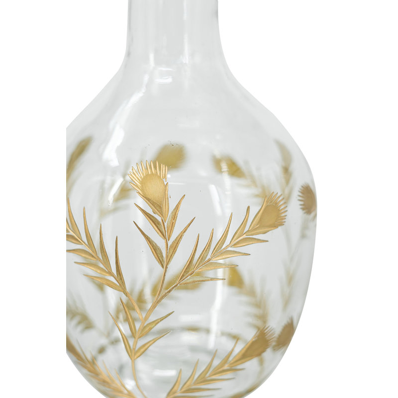 Vase incurvé en verre avec cou allongé et motifs floraux dorés - transparent / doré, H 11,4 po x l 6,7 po x P 6,7 po