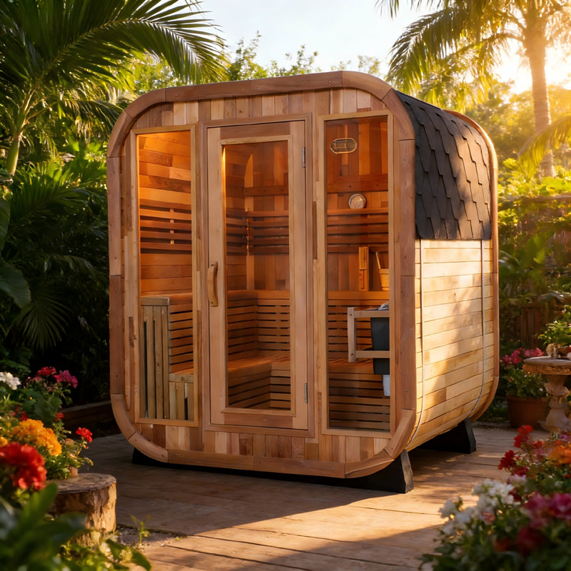 Sansheng® 6 Person Patchwork Red Cedar Outdoor Square Sauna With Large Glass Doors(78.74''D*78.74''W*82.67''H)