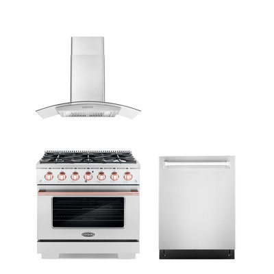 Cosmo 3 Piece Kitchen Appliance Package with 36'' Gas Freestanding Range , Built-In Dishwasher , and Wall Mount Range Hood -  COS-4PKG-1105