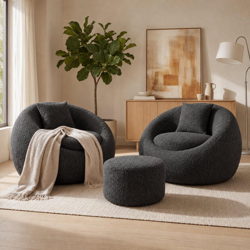 Fauteuil demi-tonneau surdimensionné noir de 39,4 po de large avec coussin lombaire et fauteuil rembourré de mousse pour le salon et la chambre à coucher