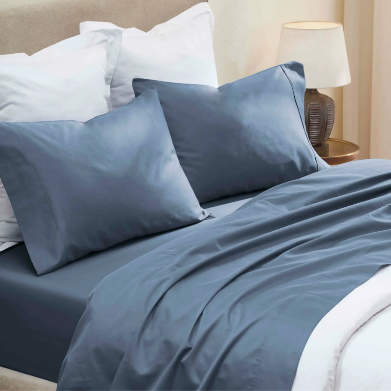 Ensemble de draps en satin de coton Blue Nile Mills - Literie à poches profondes, Lit simple, Bleu denim