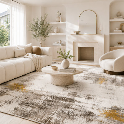 Modern Abstract Area Rug with Gold Accents, Distressed Grey White Carpet, Non-Slip Stain-Resistant Durable Rug for Entryway, Living Room, Bedroom, Home Office (Multiple Sizes)