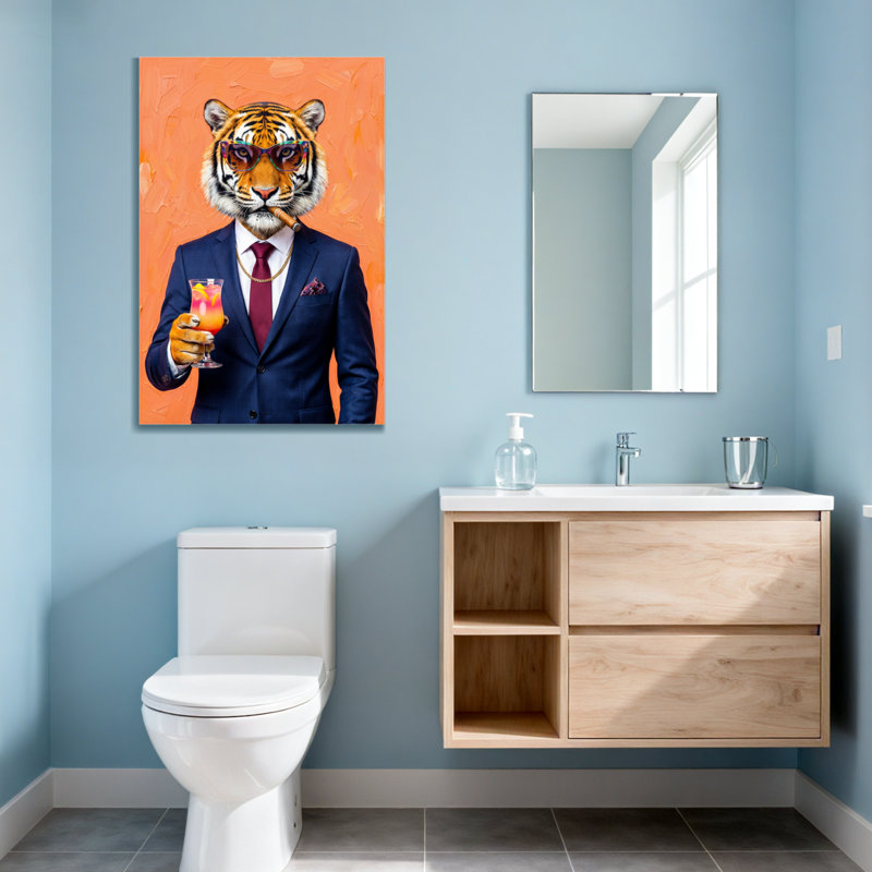 Animaux tigrés en costume tenant un cocktail, H 40 po x l 28 po