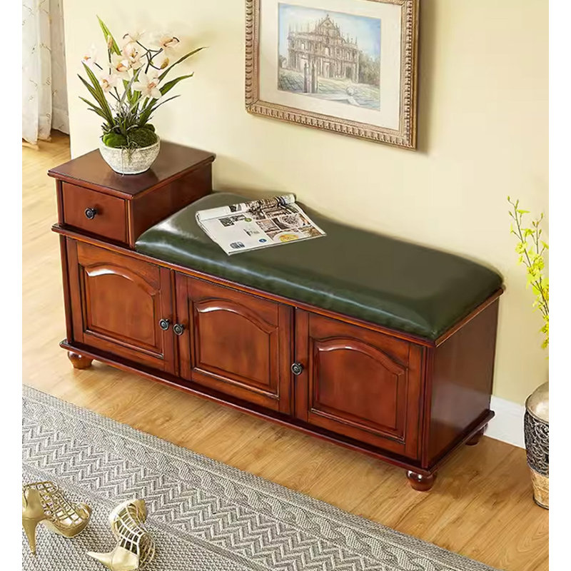 Solid Rubberwood Shoe Cabinet with Seating, 23.62" H x 39.37" W x 13.78" D, Green/Brown