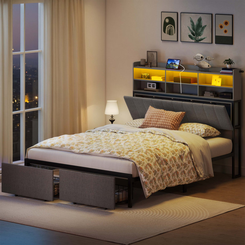  Upholstered Platform Bed with Storage Footboard, Gray