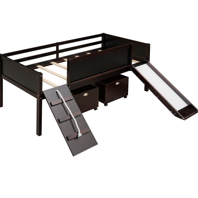 Twin Loft Bed - . Two Storage Boxes Included. Pine Wood Build Frame. Climbing Frame & Rope Entertainment. Double Chalkboard Inspirational. Slide For Quick Exit Size With Storage. Stability, Fun.