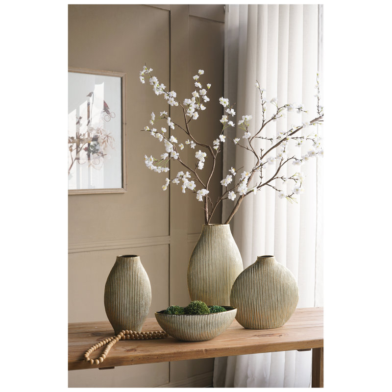17.5" Gold Ceramic Accent Vase with Vertical Ribbed Texture