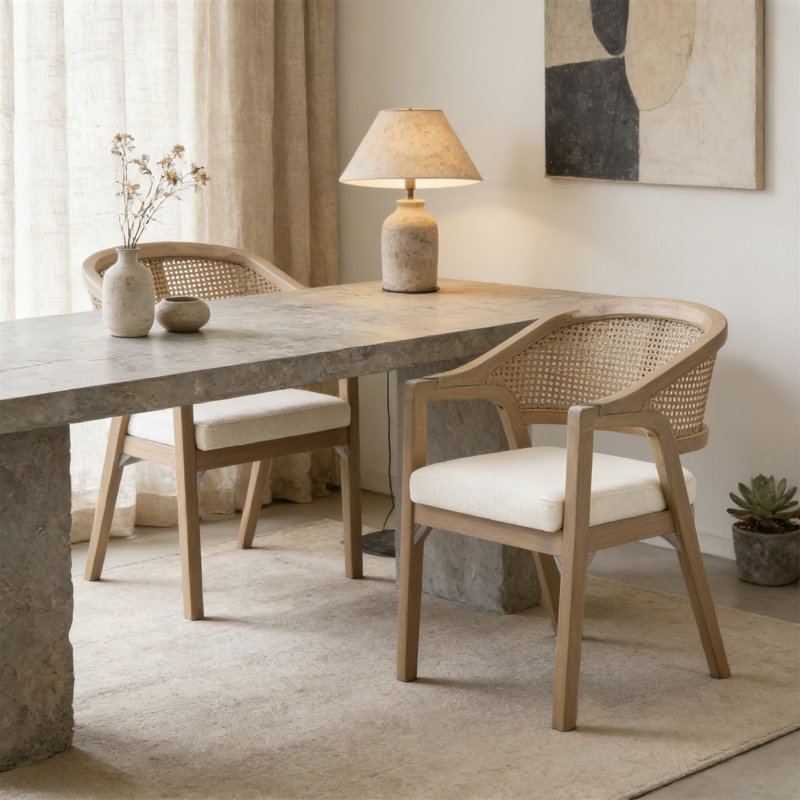 Chaise de salle à manger avec cadre en bois et dossier en rotin