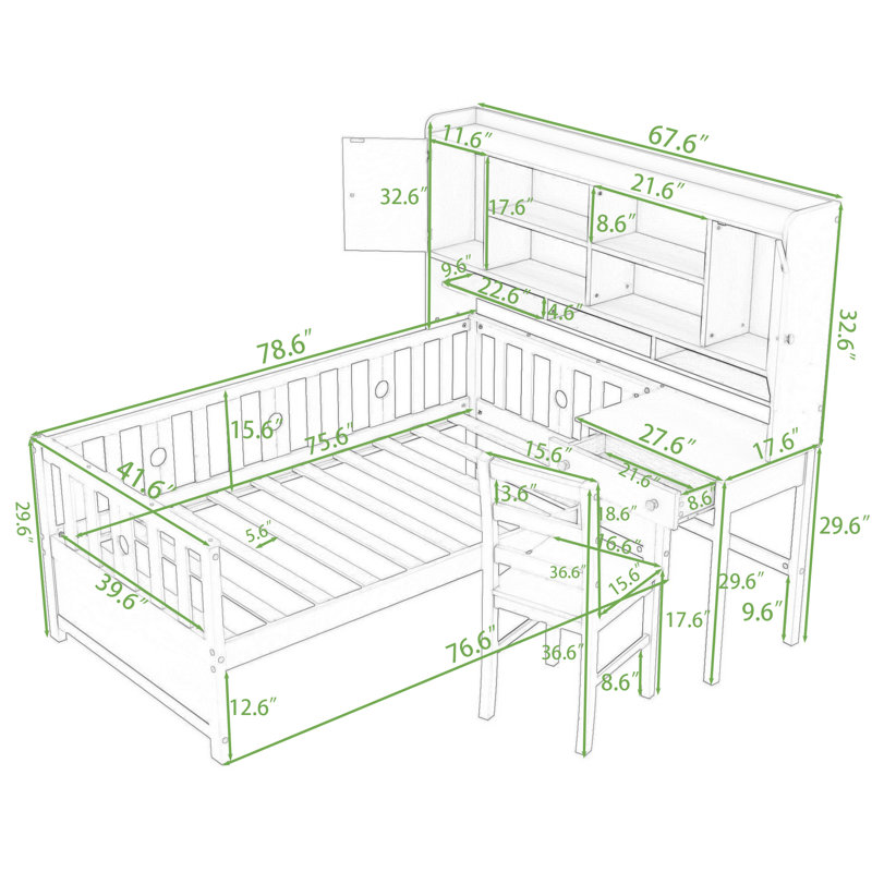 Twin Wood Platform Bed with Bookshelf, Chair, Desk and Drawer, White