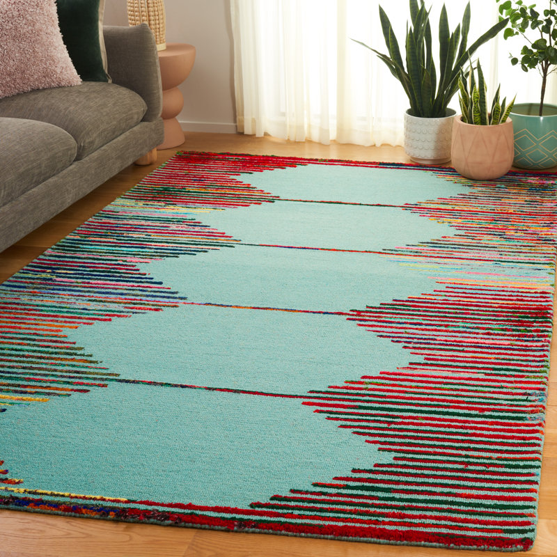 Knylah Hand Tufted Wool/Cotton Striped Rug in Teal/Red, Rectangle 6' x 9'