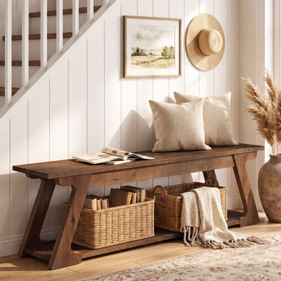 59-Inch Solid Wood Entryway Bench with Storage Shelf