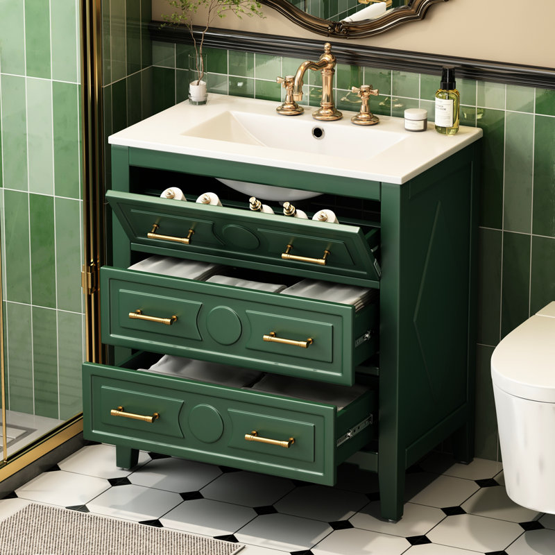 Meuble-lavabo de 30 po avec lavabo en céramique, bois massif, 3 tiroirs, lavabo et tiroir de style classique