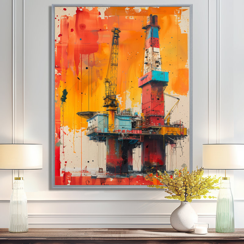 Orange, orange, plate-forme de pétrole, fond marin, rodéo, H 16 po x l 32 po x P 1 po, Toile argentée avec cadre flottant
