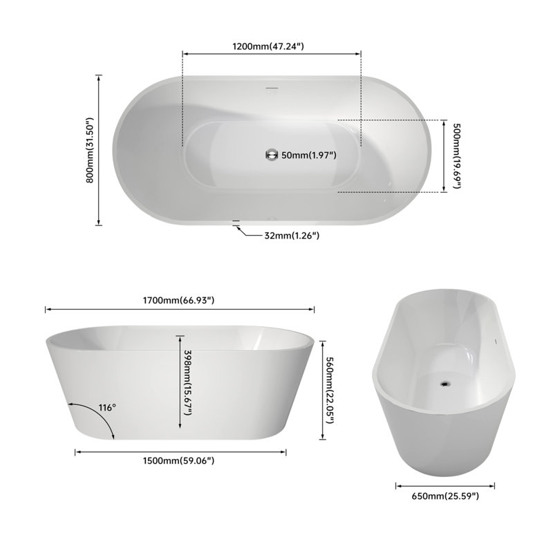 67" Upgrade Acrylic Free Standing Soaker Bath-Tubs Stand Alone Tubs In White