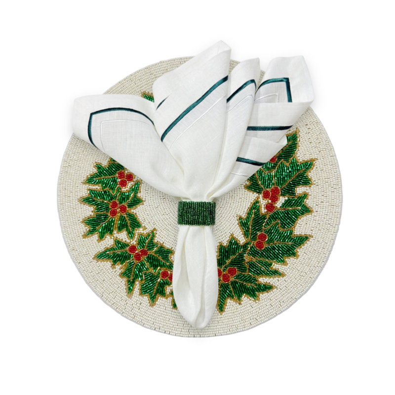 Holly Berry Beaded Placemat in White, Red & Green, Set of 2