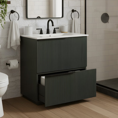 Meuble-lavabo 30 po avec lavabo en céramique, armoire en MDF et tiroirs pleine extension, vert