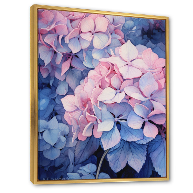 Fleurs d'hortensia roses et bleues sur toile, H 44 po x l 34 po x P 1,5 po, Cadre flottant doré