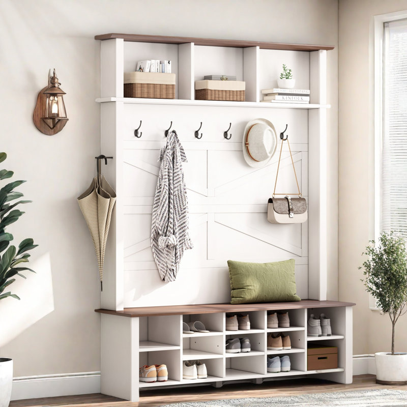 Hall Tree 56.3'' Wide with Bench and Shoe Storage, White